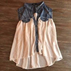 Denim and sheer white shirt